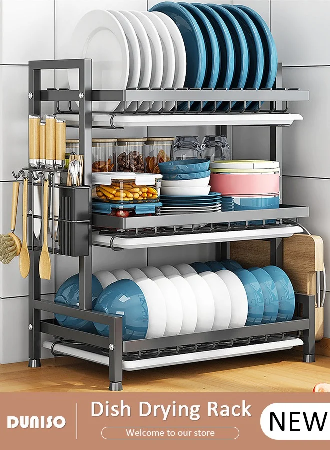DUNISO 3-Tier Heavy Duty Dish Drying Rack, Large Kitchen Countertop Organizer with Utensil Holder (Silver, 3-Tier) jh3oc