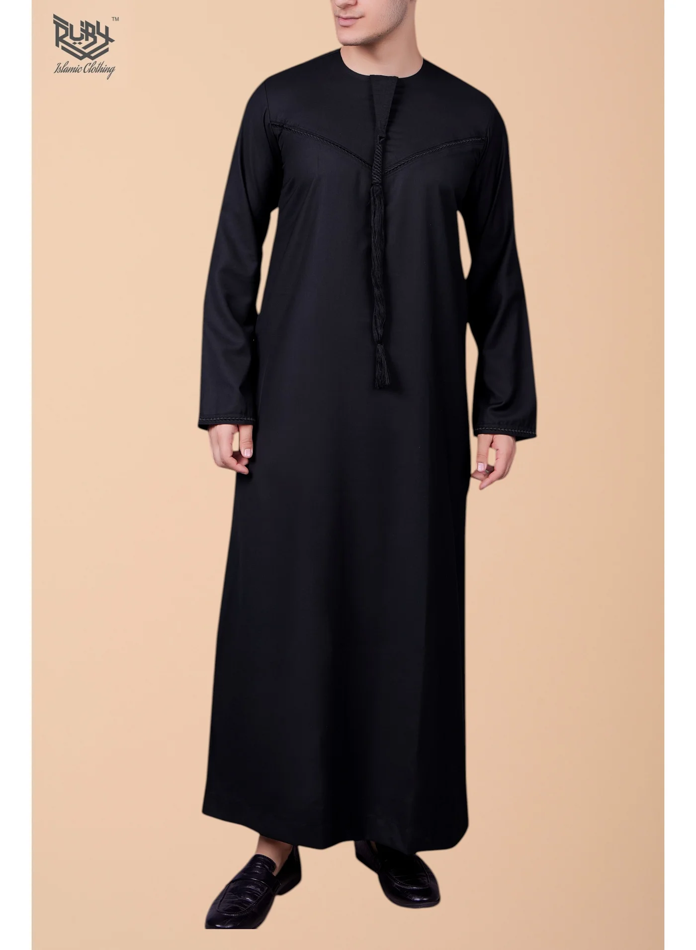 RUBY ISLAMIC CLOTHING Classic Black Emirati Kandura Thobe for Men with Zipper and Intricate Embroidery (Slim Fit, Black) 08f1x