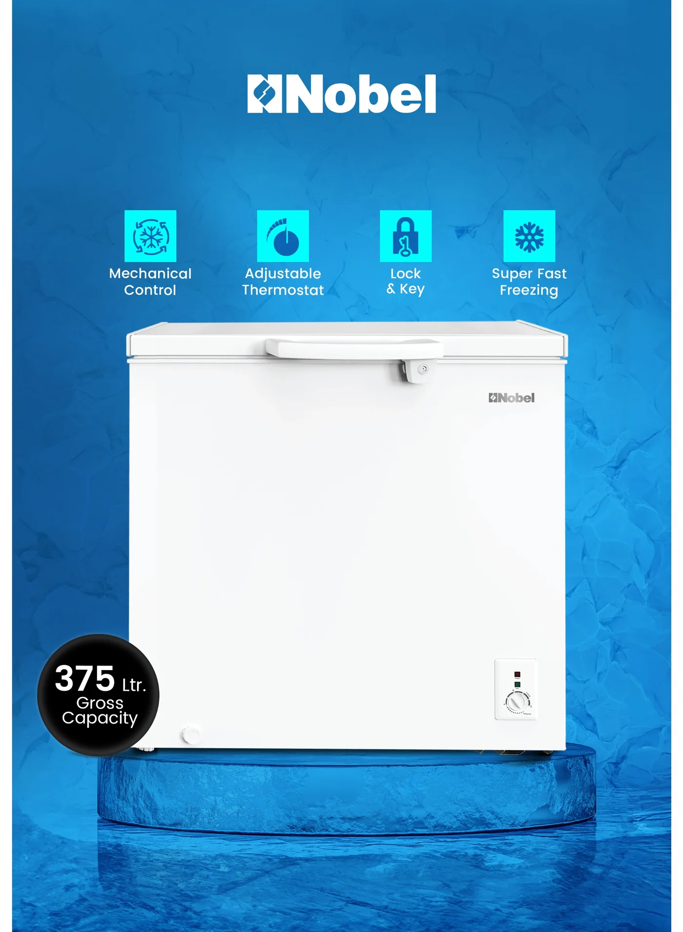 Nobel Chest Freezer Single Door Adjustable Thermostat Energy Efficient (White, 375 L) 3eja4