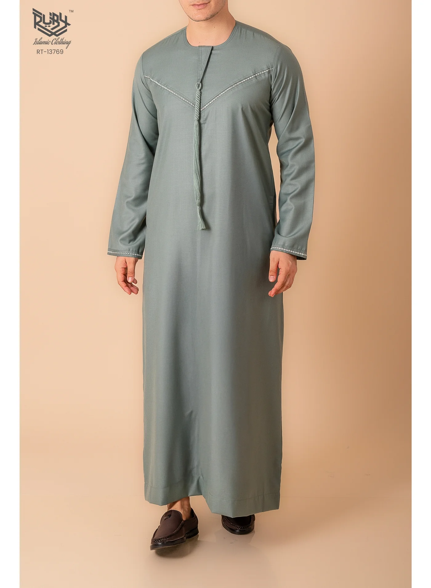 RUBY ISLAMIC CLOTHING Emirati Kandura Thobe for Men Premium Poly Viscose Embroidered Kaftan Robe (Round Neck, Long Sleeve) u9zgw