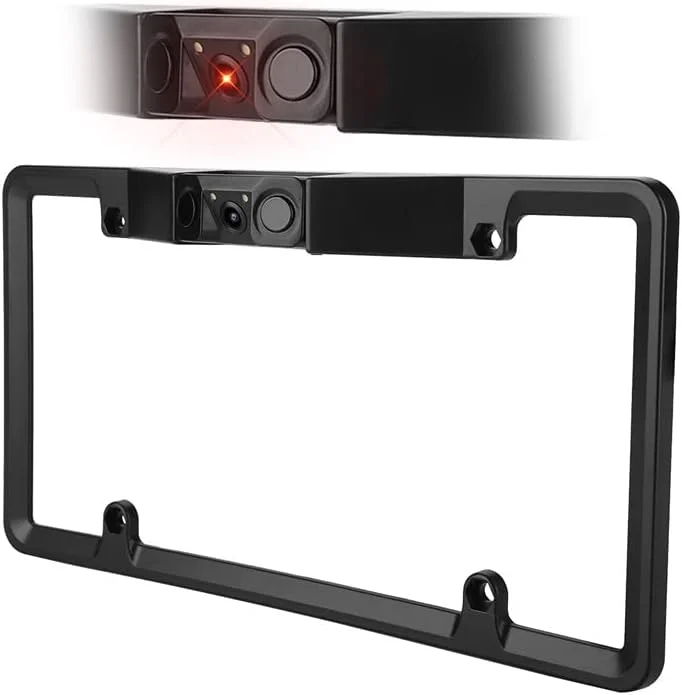 Premium 3-in-1 Car License Plate Frame with Integrated Parking Sensor and Rearview Backup Camera (2 LED, Universal Fit) p1jaf