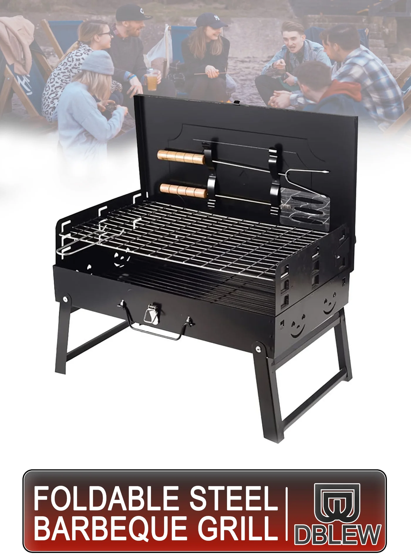DBLEW Portable Charcoal BBQ Grill with Lid, Stainless Steel Folding Outdoor Barbecue Smoker with Adjustable Heights for Camping and Picnics (45 cm x 30 cm) jusap