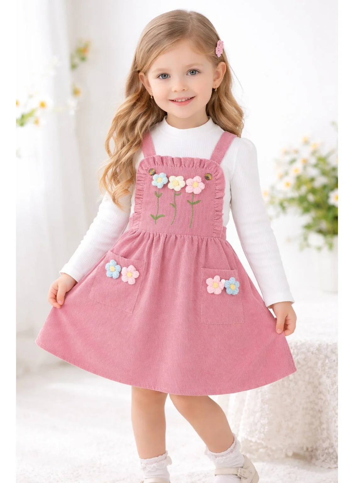 Smarties Girls Corduroy Pinafore Dress Set with Floral Embroidery and Long Sleeve Top (Green, 4-5 Years) 367bf