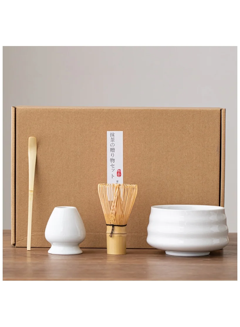 GuRiver Matcha Whisk Set 4-Piece Traditional Tea Ceremony Kit with Ceramic Bowl Bamboo Whisk Holder and Scoop (White) u3f3i