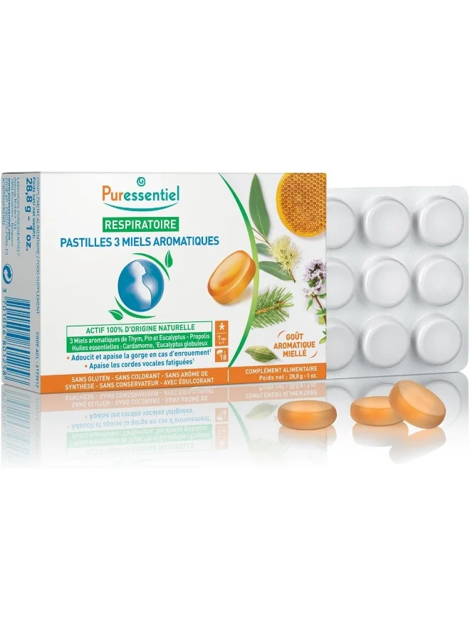 Puressentiel Respiratory Lozenges with Thyme Pine and Eucalyptus Honey (18 Lozenges, 28.8g) qrdit