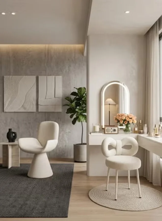 C&C Home Modern Sculptural Vanity Chair Set - Matte Off-White Geometric Armchair and Plush Boucl¨¦ Accent Stool f8n1o