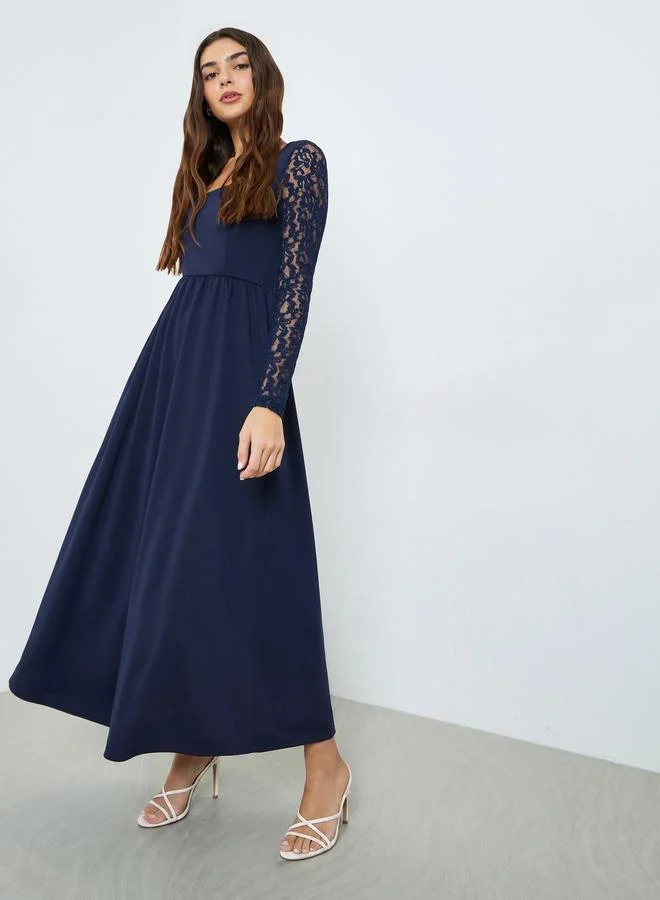 Styli Navy Blue Lace Sleeves A-Line Maxi Dress Elegant Formal Evening Gown (Navy Blue, One Size) yugvi
