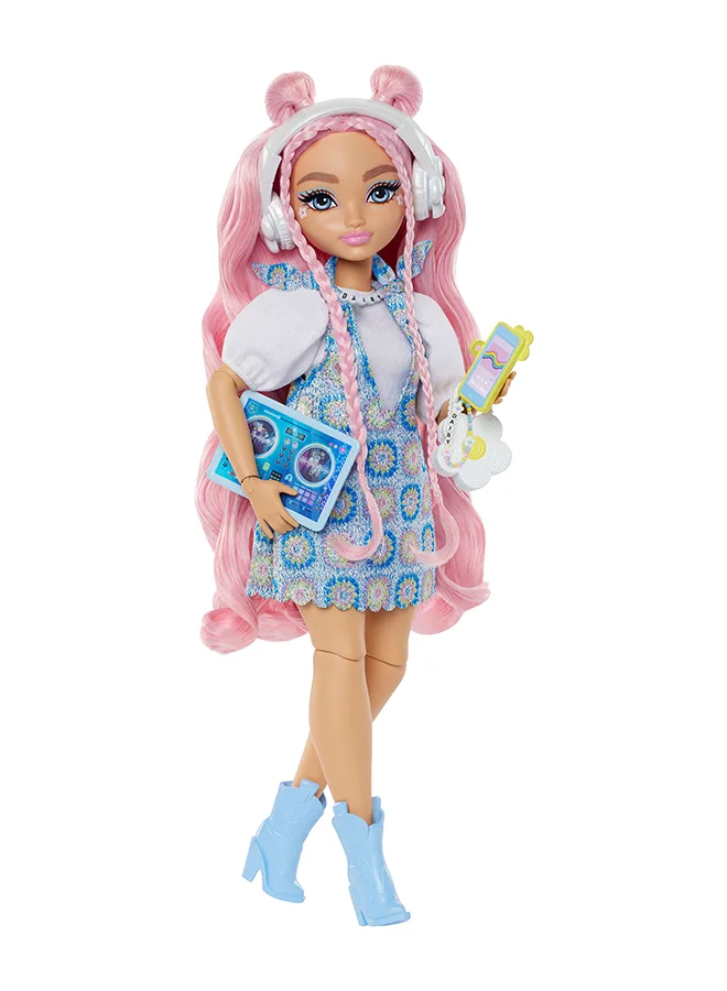 Fashion Doll Daisy Jean Posable Fashion Doll with Removable Outfits and Wavy Pink Hair (9 DJ and Music Themed Accessories Set) dkbs6