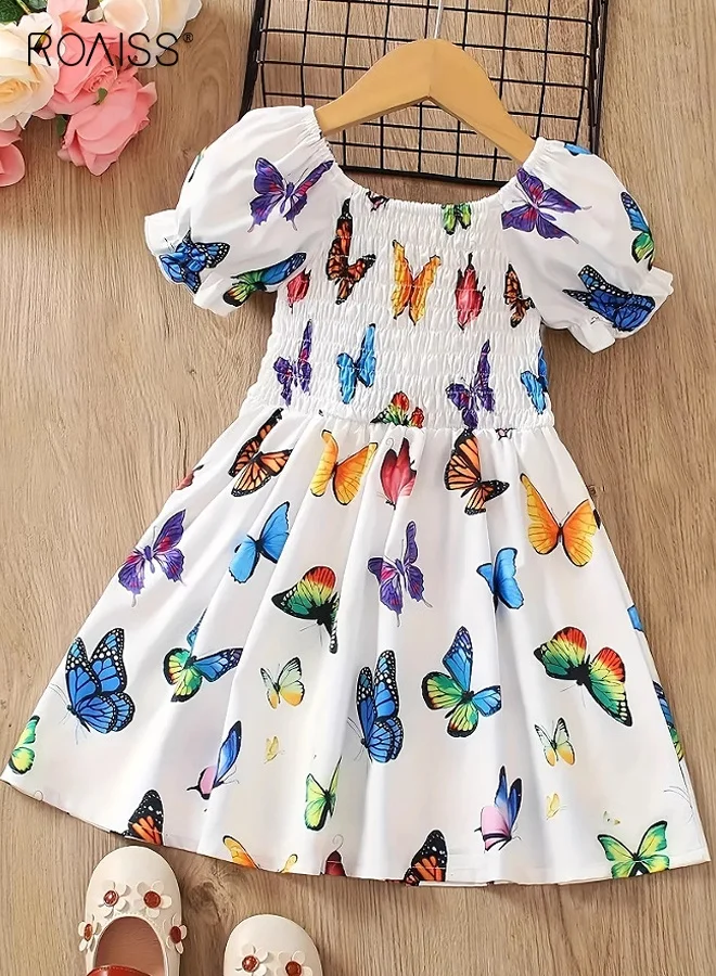 Roaiss Girls Summer Dress Butterfly Pattern Vintage Puff Sleeve A-Line Casual Dress (Multicolor) 08d1t