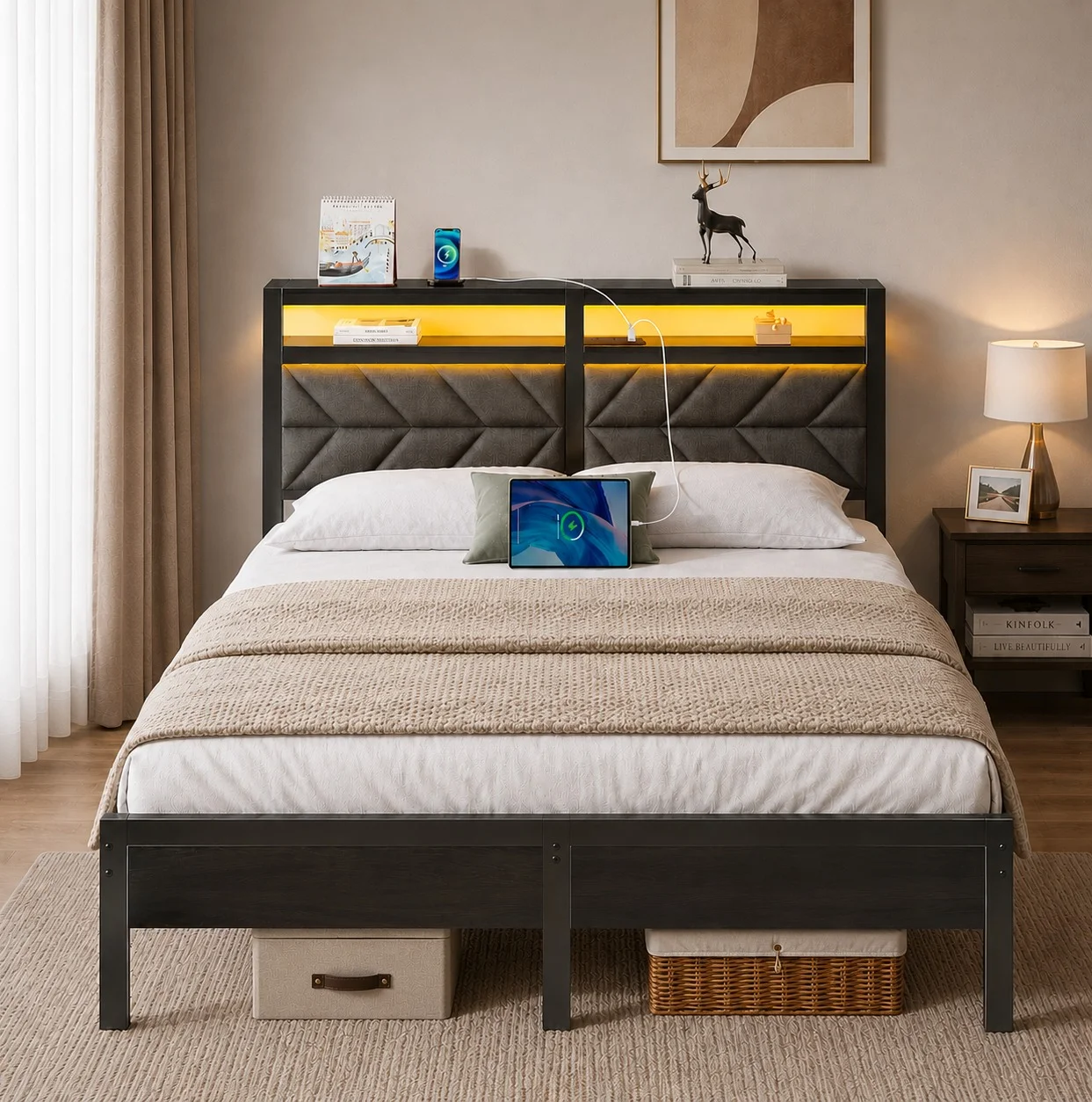 Yanara Modern Metal Platform Bed Frame with LED Lights and Charging Station (Black, King Size) knde3