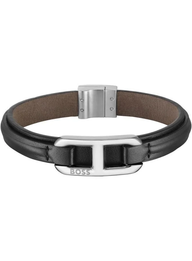 Kode Collection Men's Leather Bracelet with Stainless Steel Closure (Black, 21 cm) m2qoe