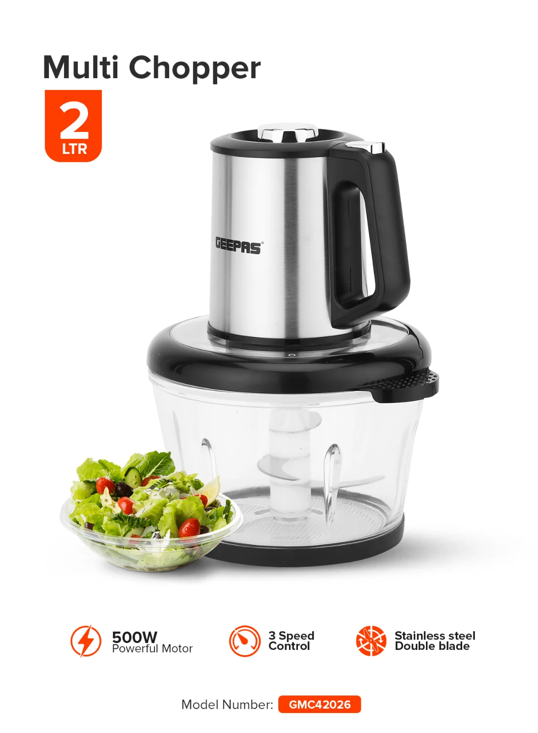 GEEPAS Multi Chopper with Stainless Steel Blades 3 Speed Settings (Silver, 500 W) wpskw