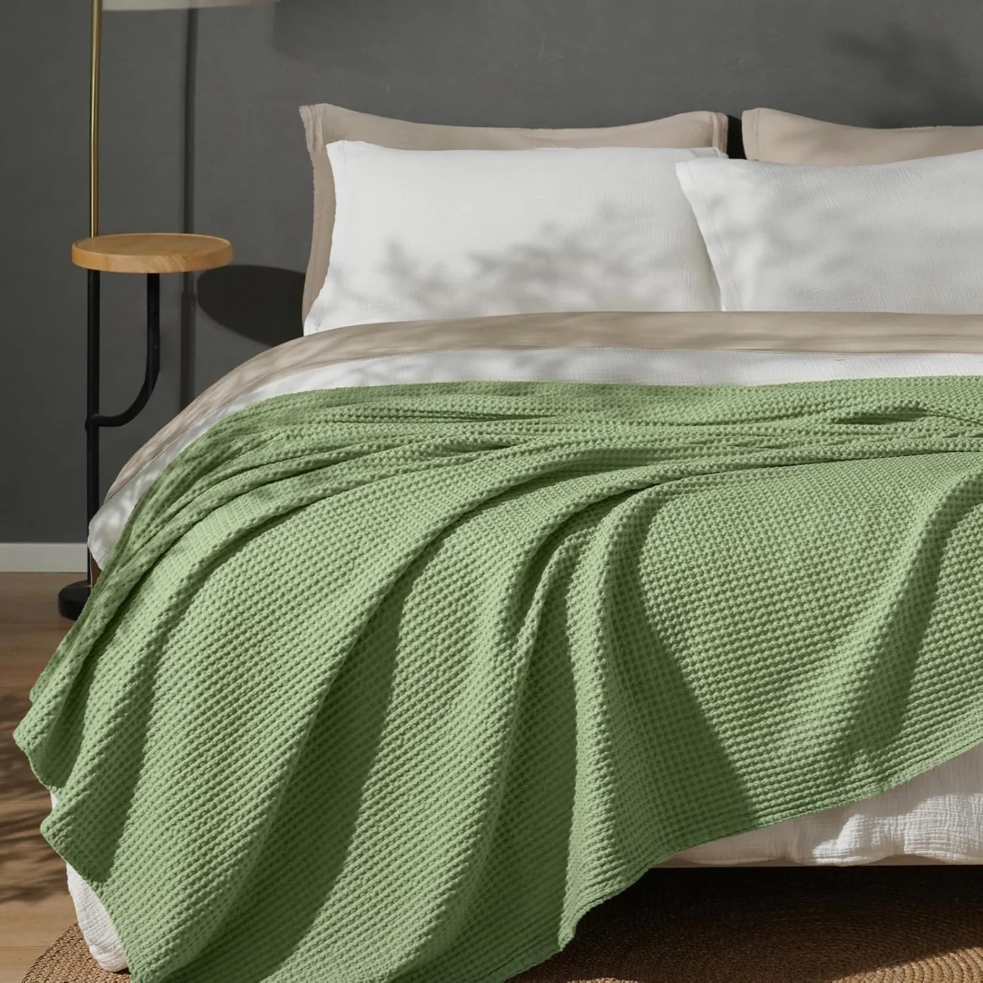 PHF Cotton Waffle Weave Blanket Premium Breathable Bed Throw (Loden Green, 228 cm x 228 cm) fm8a8
