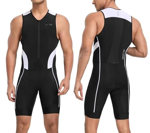 Santic Men's Triathlon Skinsuit Sleeveless Quick-Dry Padded Suit for Swim Bike Run (Black/White, Medium) hsn8y