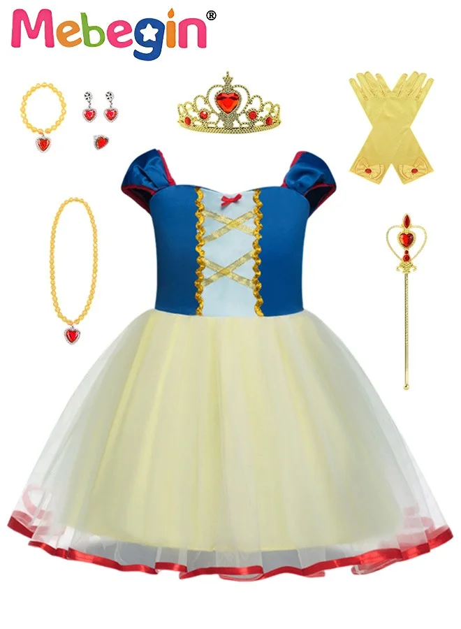 MEBEGIN Princess Dress Up Costume Set with 7 PCS Accessories, Elegant Polyester Tulle Outfit for Girls (White, Kids) ln3vu