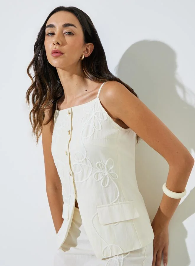 Styli Embroidered Strappy Waistcoat Premium Sleeveless Top for Women (White, One Size) ro1vl