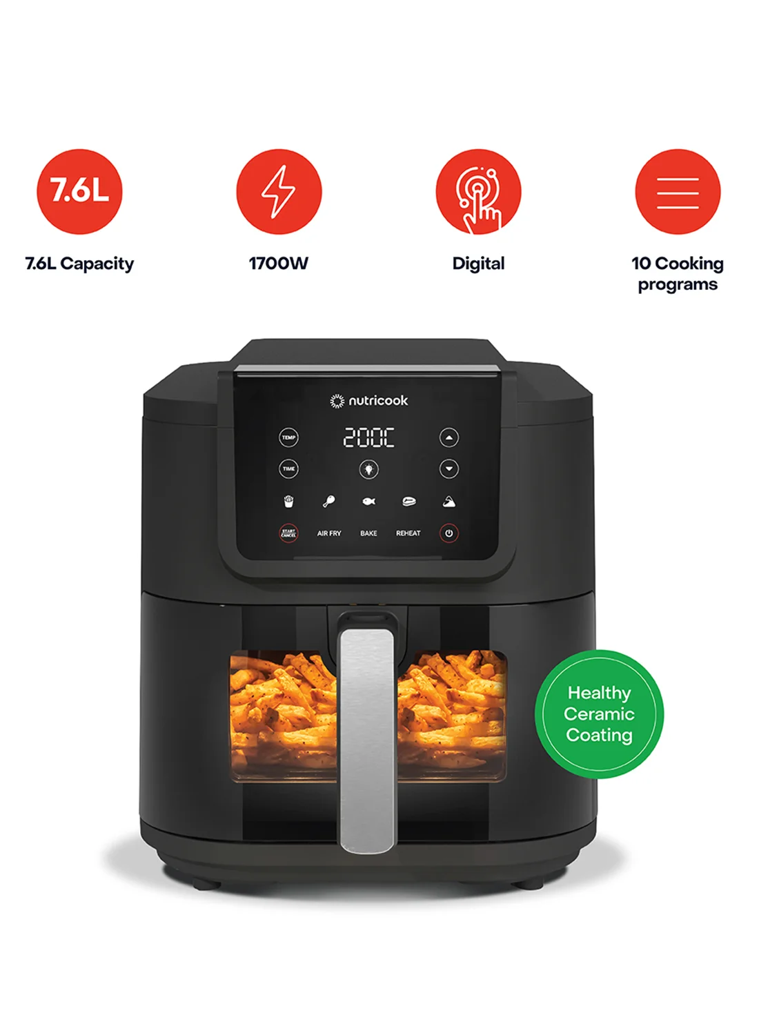 Nutricook Air Fryer Slim XL Premium Digital Kitchen Appliance with Clear Viewing Window and 5 Cooking Presets (Black, 7.6 L) 0stmo