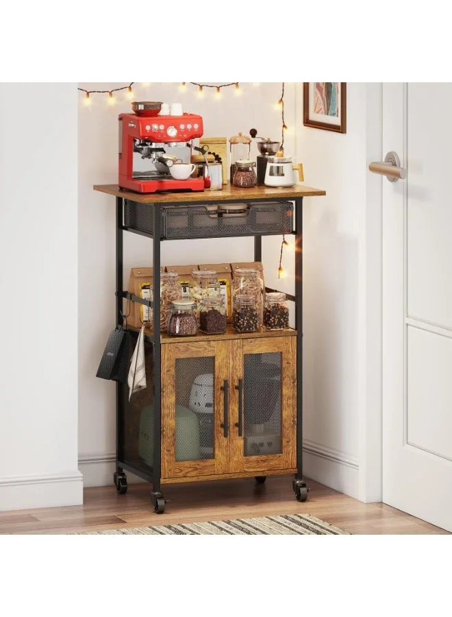 Uptyia 3-Tier Rolling Coffee Cart with Storage Cabinet and Wire Basket, Movable Kitchen Bar Station with Lockable Casters (Rustic Brown) 69w1h