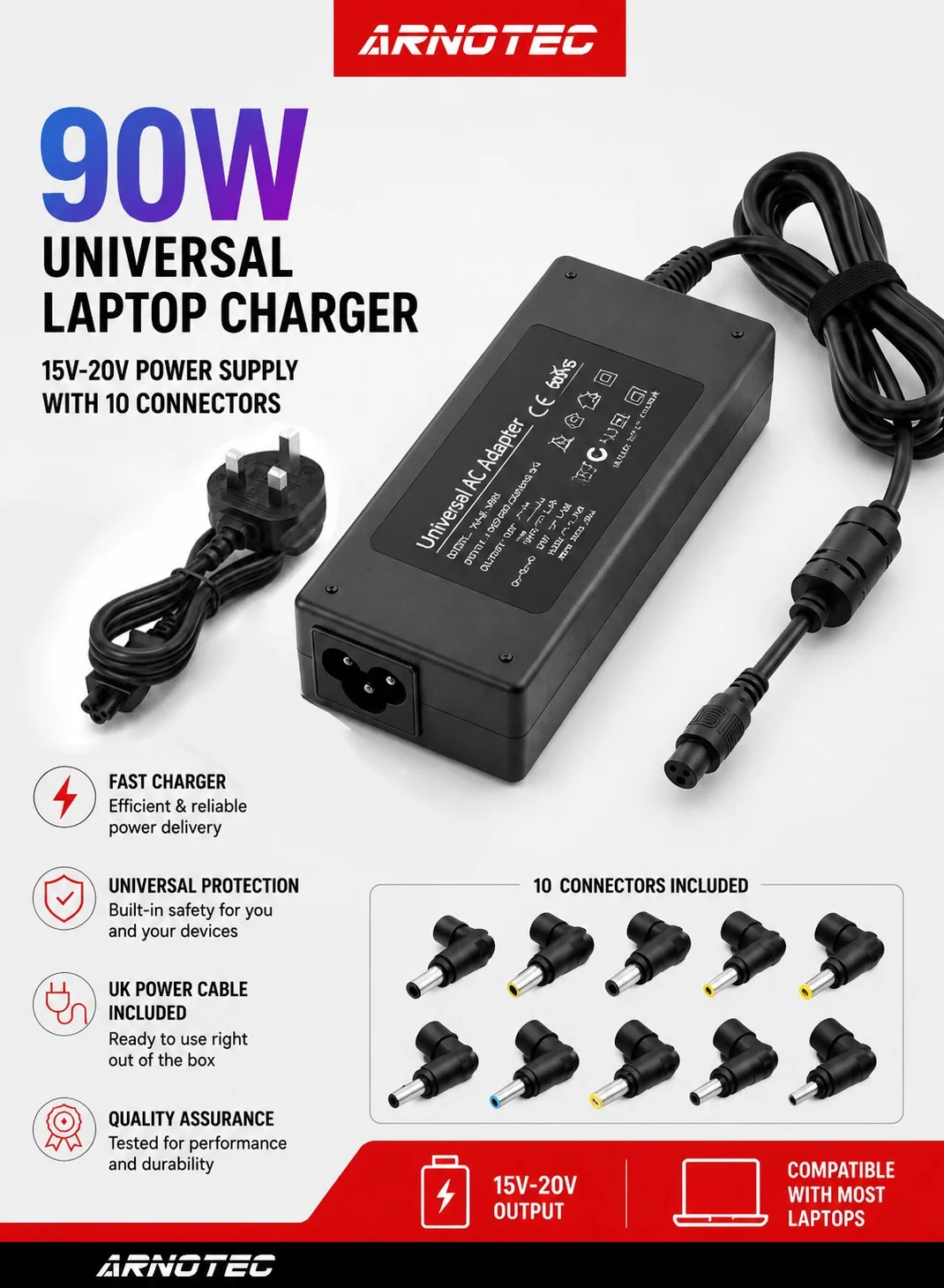 ARNOTEC 90W Universal Laptop Charger Power Adapter with 10 Interchangeable Connectors (15V-20V, Multi-Device Compatibility) xrpjc