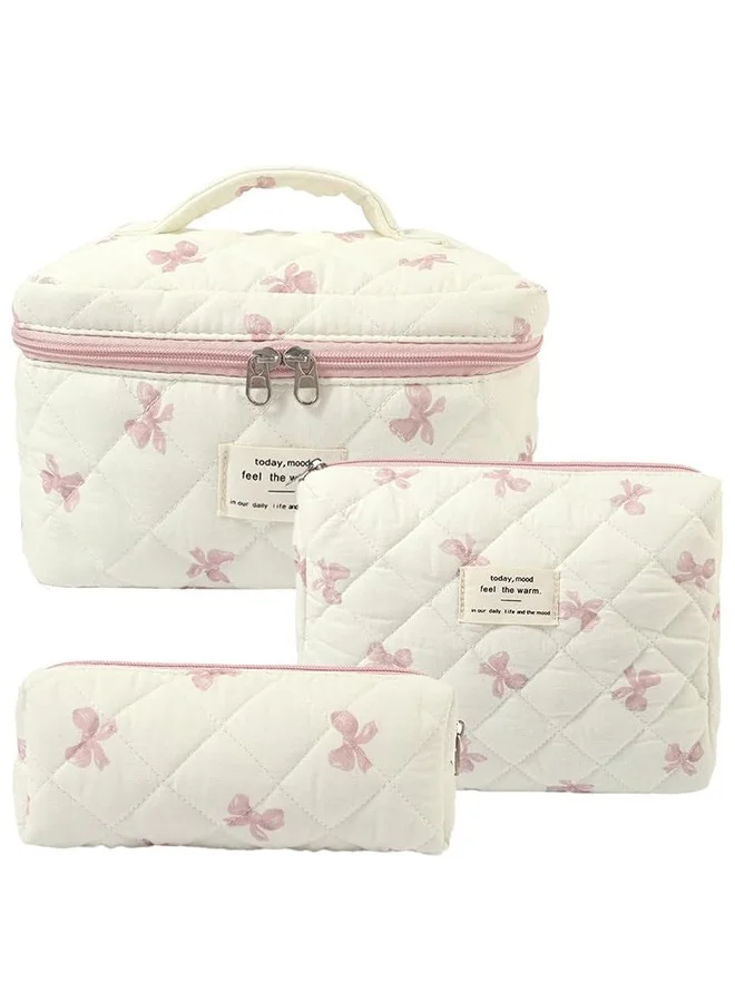 Premium Quilted Makeup Bag Set Travel Toiletry Organizer for Women (White-Pink Bow, 3-Piece Set) fxs6l