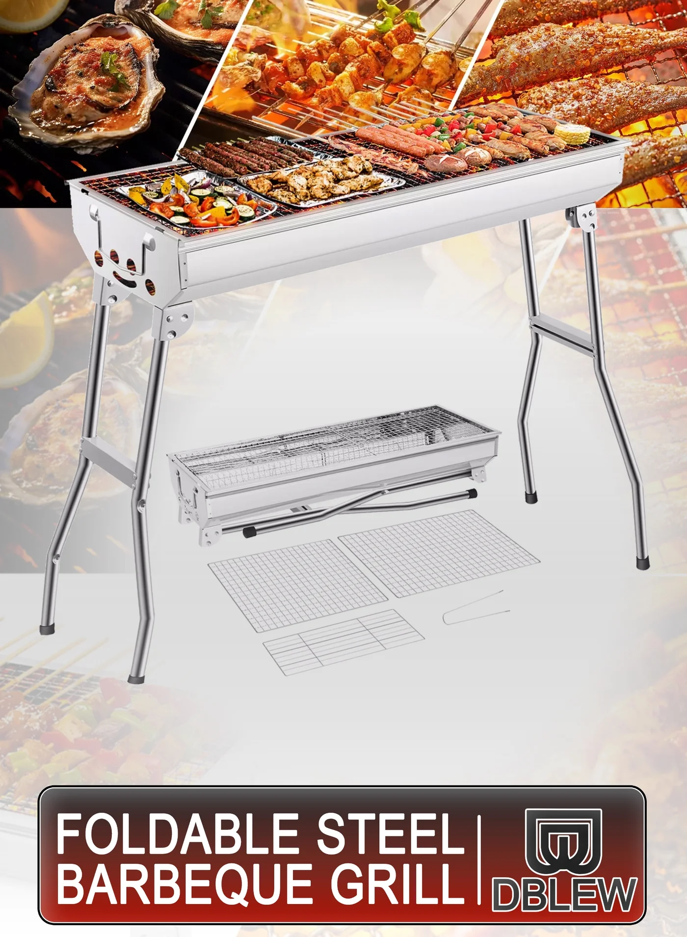 DBLEW Portable Foldable Charcoal BBQ Grill Stainless Steel Large Capacity Barbecue Rack with Stand (73x33cm) zut3m