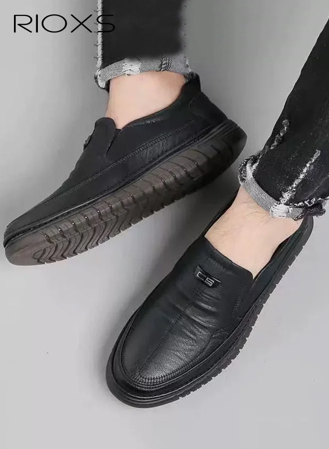 RIOXS Premium Leather Casual Slip-on Loafers Breathable Soft Driving Shoes for Men (Black, 42 EU) ytw37