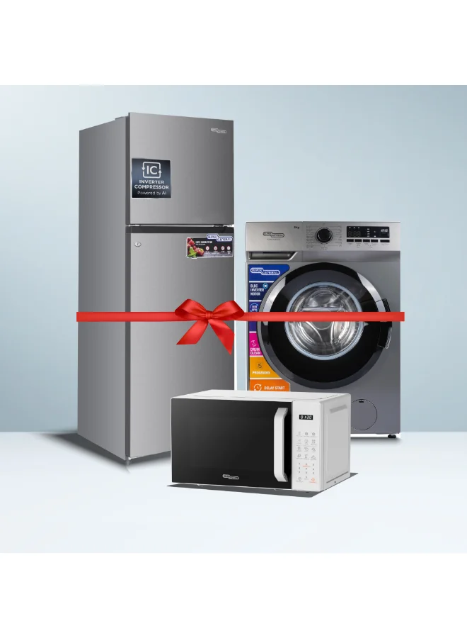 Super General Home Appliance Bundle (334L Refrigerator, 8kg Washing Machine, 20L Microwave) Inox Finish lbwi0