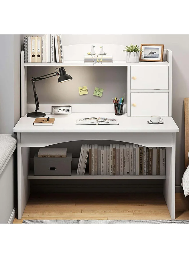 HI-FINE Home Office Desk with Storage Shelf, Modern Wood Computer Workstation, Study Writing Table for Home and Office (White, 100 x 48 x 120 cm) ngfpb