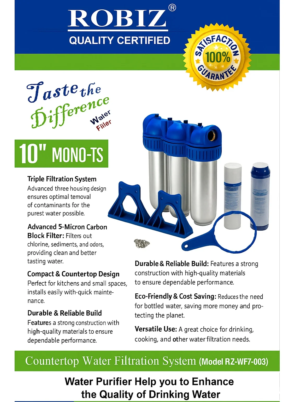 ROBIZ Triple Countertop Water Filtration System 3-Stage Carbon Block Purifier for Home Kitchen (10-Inch) jlcpe