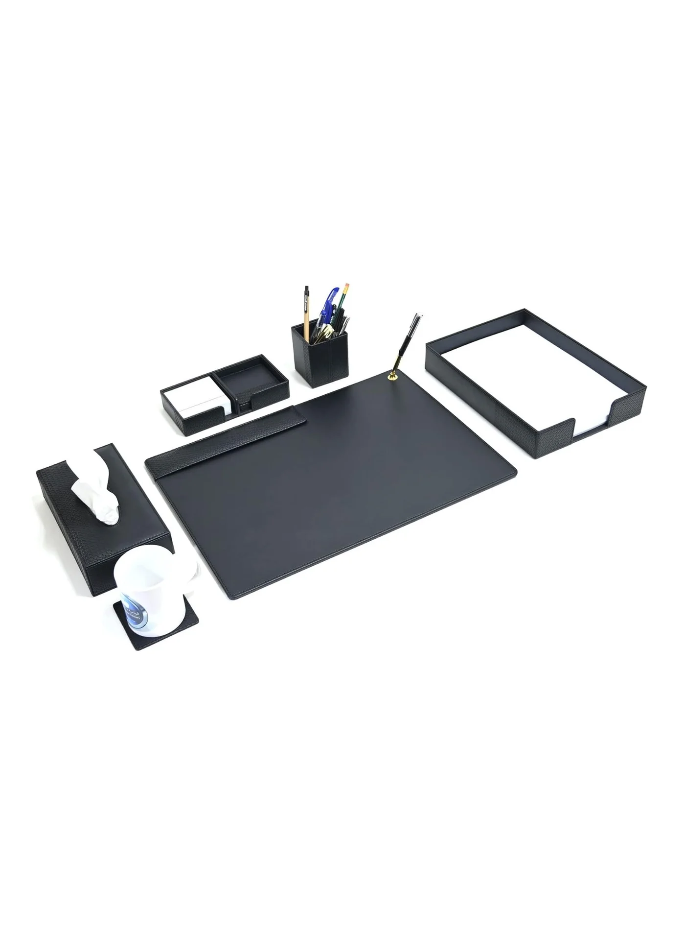 FIS Executive Desk Organizer Set (5-Piece) Premium Italian PU Leather Office Stationery Kit for Professionals (Black) av777