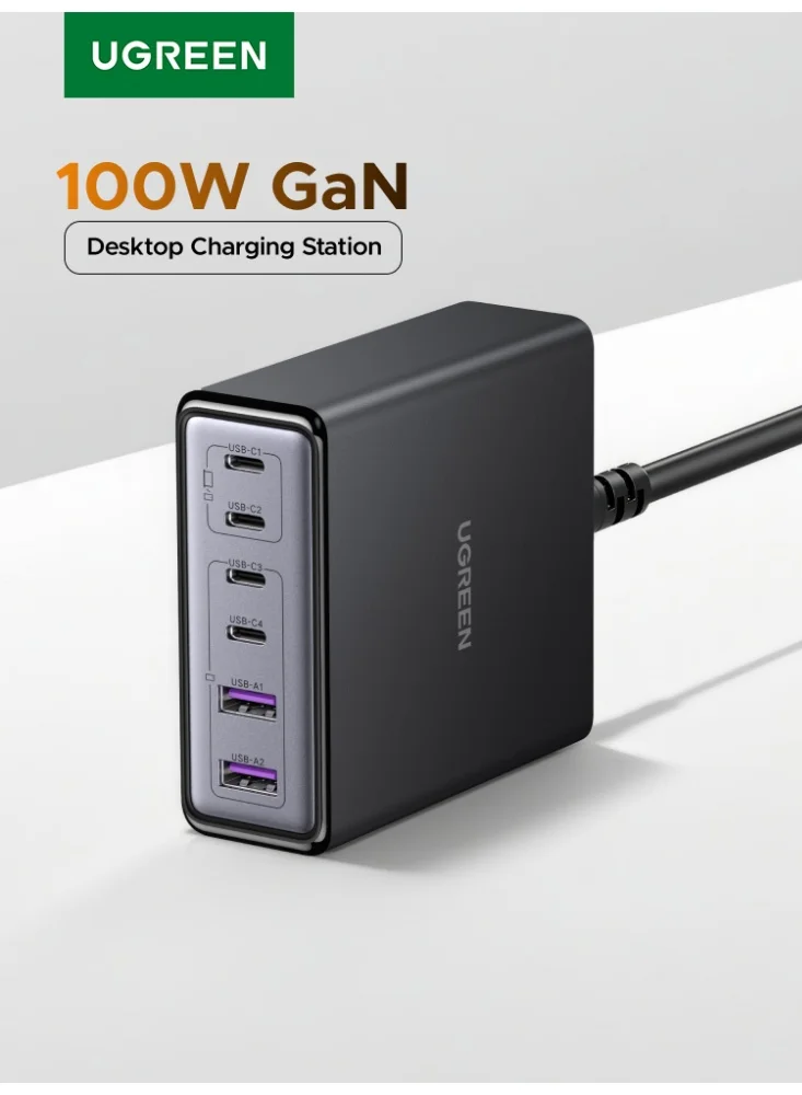 Premium 100W GaN Desktop Charging Station, Multi-Device Power Hub with 4 USB-C & 2 USB-A Ports, Fast Charging Adapter with 2m Cable (Black) 9ncg6