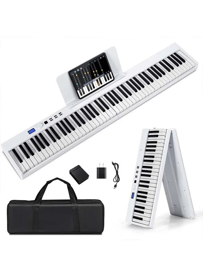 Premium Foldable Digital Piano Keyboard 88-Key Full Size Semi-Weighted Portable Electric Instrument with MIDI and Sustain Pedal (White) dg056