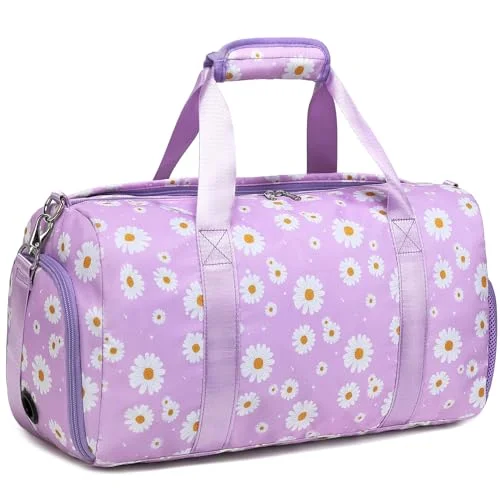 Kimwadalh Floral Duffle Bag for Girls and Women, Premium Dance Gym Ballet Travel Bag with Shoe Compartment and Trolley Sleeve (Purple Daisy, 45 cm) egnoo