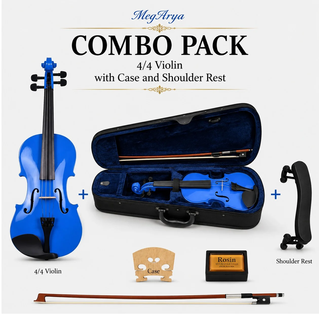 Megarya Full Size Acoustic Violin Set with Case and Bow (Blue, 4/4) 5ngva