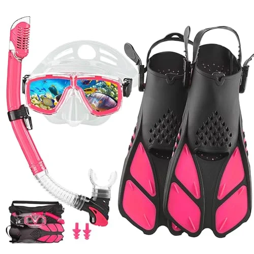 Professional Snorkeling Gear Set with Anti-Fog Mask and Adjustable Fins for Adults (Pink, Size 40-43) qv9ab