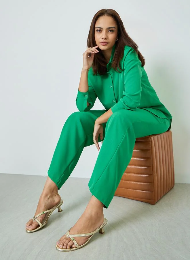 Amirah Solid Green Shirt and Wide Leg Pants Set (Premium Two-Piece Casual Outfit for Women) mgxoh