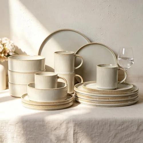 MONITO Ceramic Dinnerware Set 16-Piece Stoneware Plates and Bowls Collection (Bonbon Beige, 16-Piece) uig4i