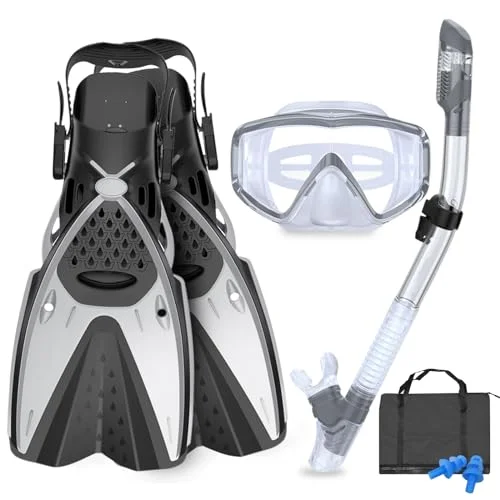 AosDero Snorkeling Gear Set Panoramic Diving Mask with Dry Top Snorkel and Adjustable Swimming Fins (Adults, Unisex) z5sy4