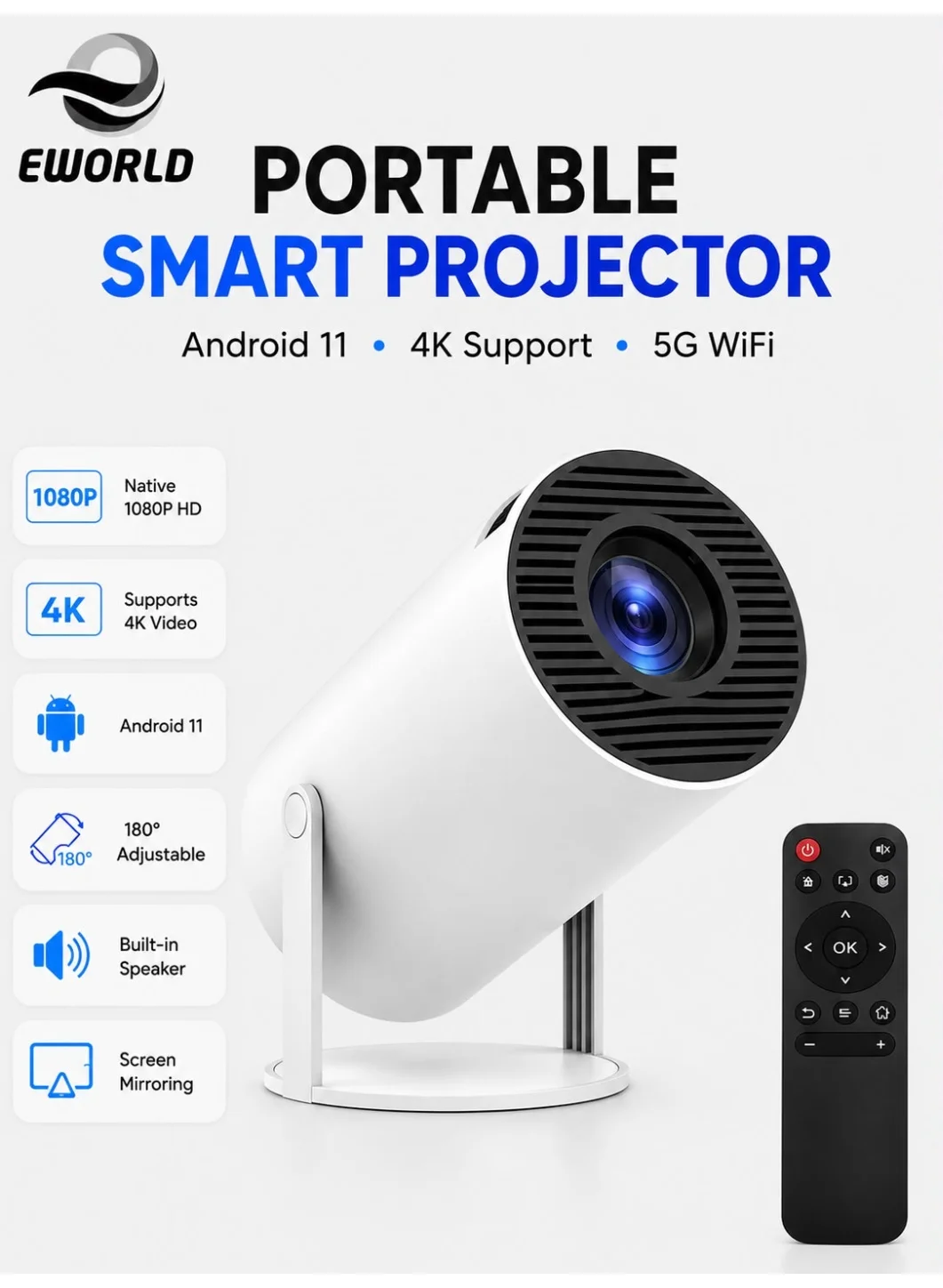 Eworld Smart Mini Projector 1080P 4K Supported Portable Home Theater with 5G WiFi Bluetooth 180¡ã Rotatable (40-130 Inch Display) 504m7