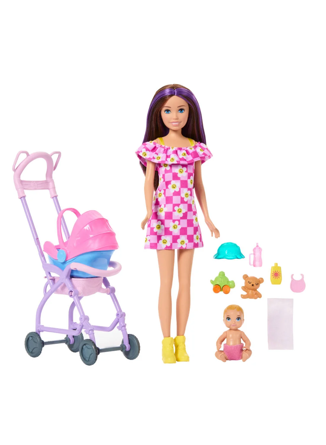 Fashion Doll Babysitting Playset with Brunette Doll, Blonde Baby Doll, Stroller with Removable Car Seat and 7 Accessories zum42