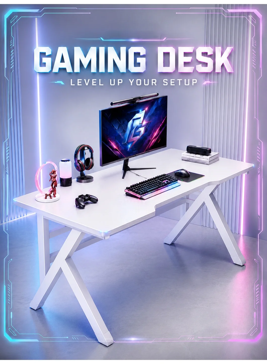 OHAHO Gaming Desk Ergonomic Computer Workstation for Home Office (White, 120x60x75cm) c1l96
