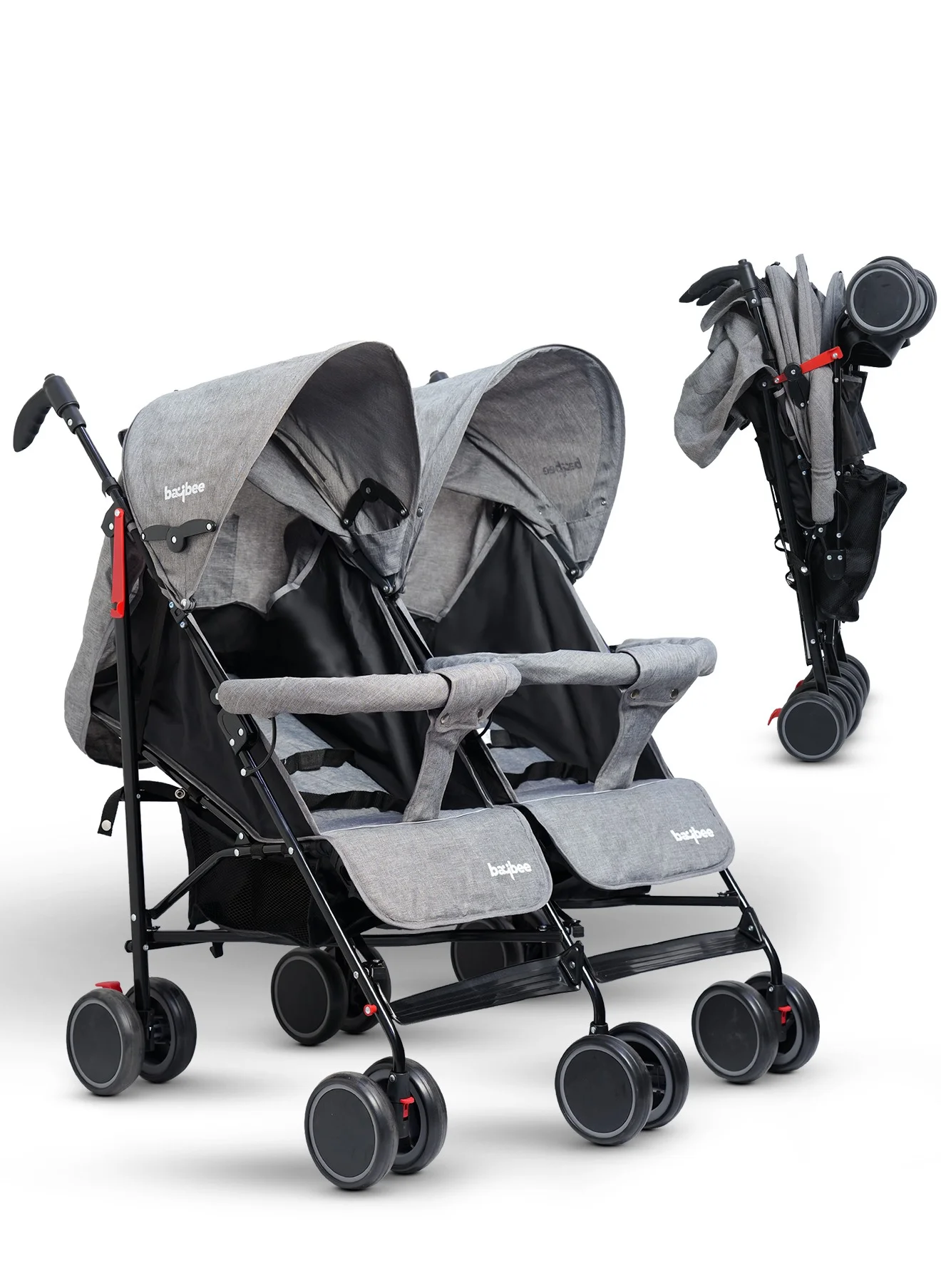 BAYBEE 2-in-1 Twin Baby Stroller with Adjustable Canopy and Safety Guardrail (Grey, Double Seat) v85r1