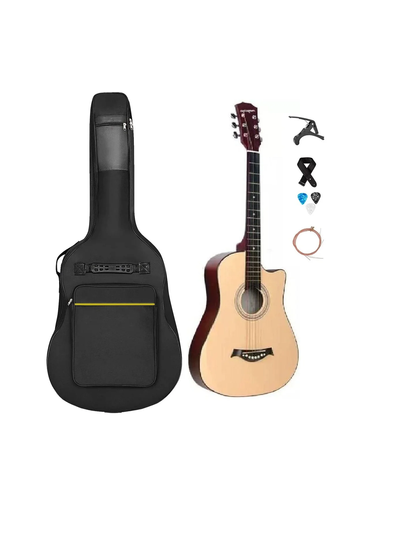 Megarya Acoustic Guitar Starter Set with Gig Bag, Capo, Picks, and Strings (Natural Beech Wood, 6-String) d3zhj