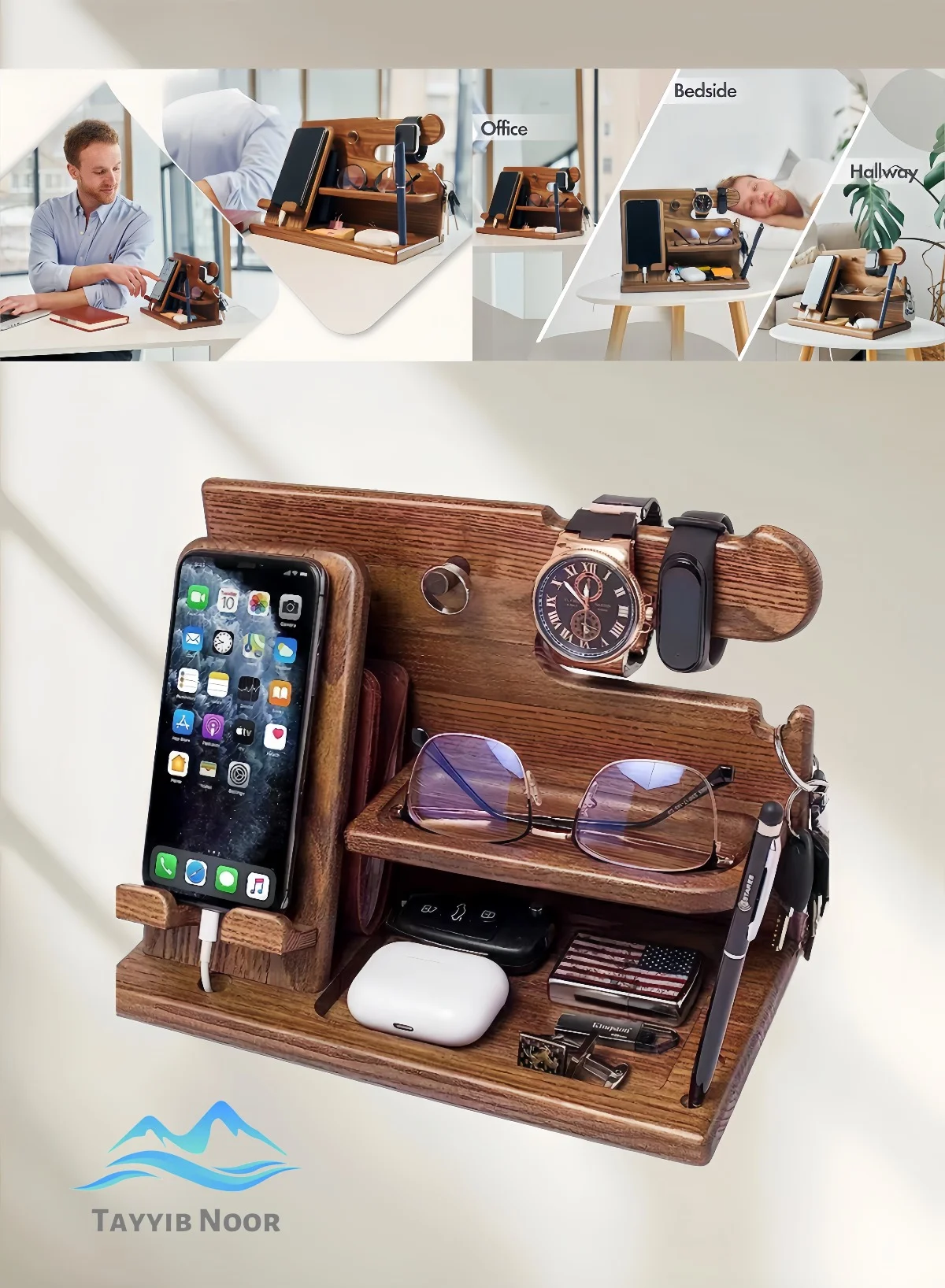 TAYYIB NOOR Wooden Desk Organizer and Phone Docking Station (Premium Natural Wood, Multifunctional Office Desktop Storage for Men and Women) 85seq