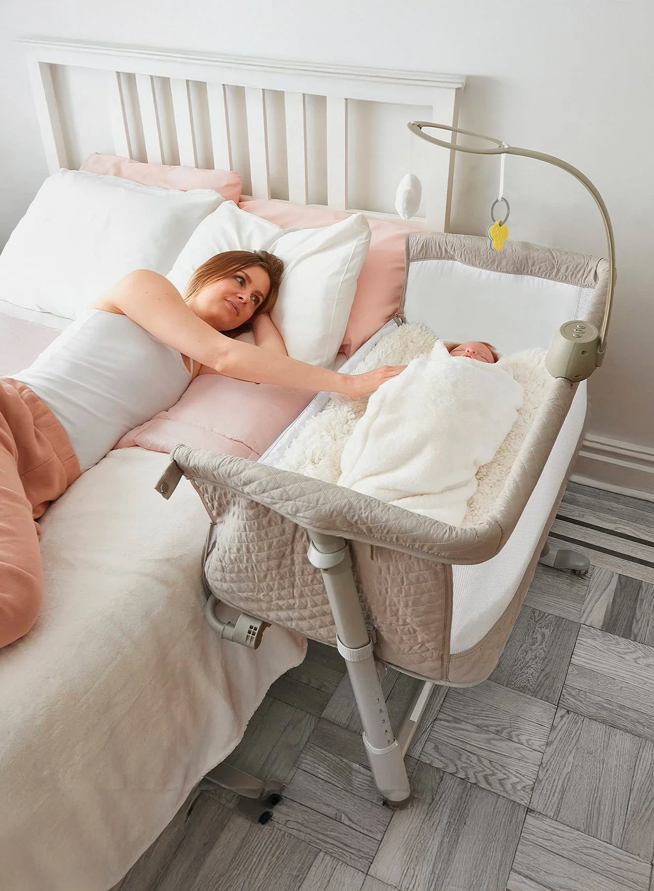 Premium Portable Baby Bedside Crib Convertible Bassinet with Adjustable Height and Mosquito Net (Grey, 1 Pack) 4fmof