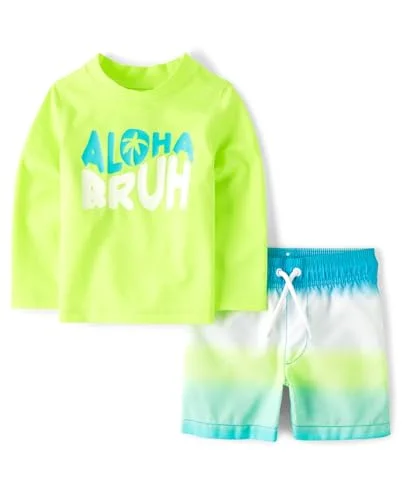 The Childrens Place Baby Boys Toddler Long Sleeve Rashguard and Swim Trunk 2 Piece Set Aloha Print (2 Years) 4t4us
