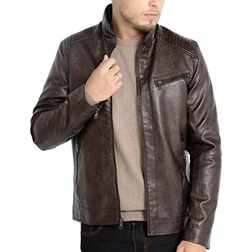 WULFUL Mens Faux Leather Motorcycle Jacket Stand Collar Lightweight Premium Outerwear (Black, L) uj6bg