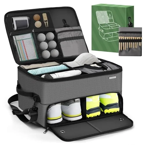 DerHutzucker Golf Trunk Organizer for Car SUV (2-Layer Storage, Waterproof Gear Bag with Shoe Compartment, Black, 45x35x30 cm) kp2yo