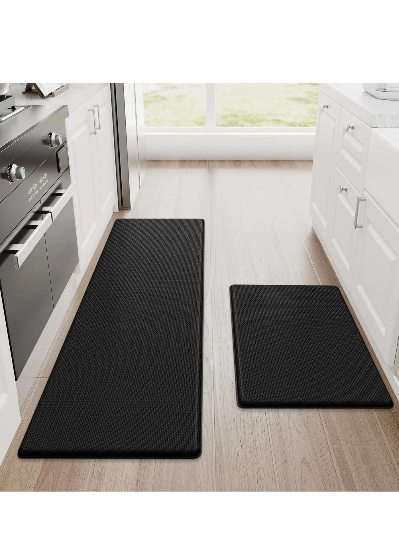 MIXDE Cushioned Anti-Fatigue Kitchen Mats (2-Piece Set, Non-Slip Waterproof Floor Rugs for Home and Office, Black, 44cm x 76cm + 44cm x 120cm) tg0e0