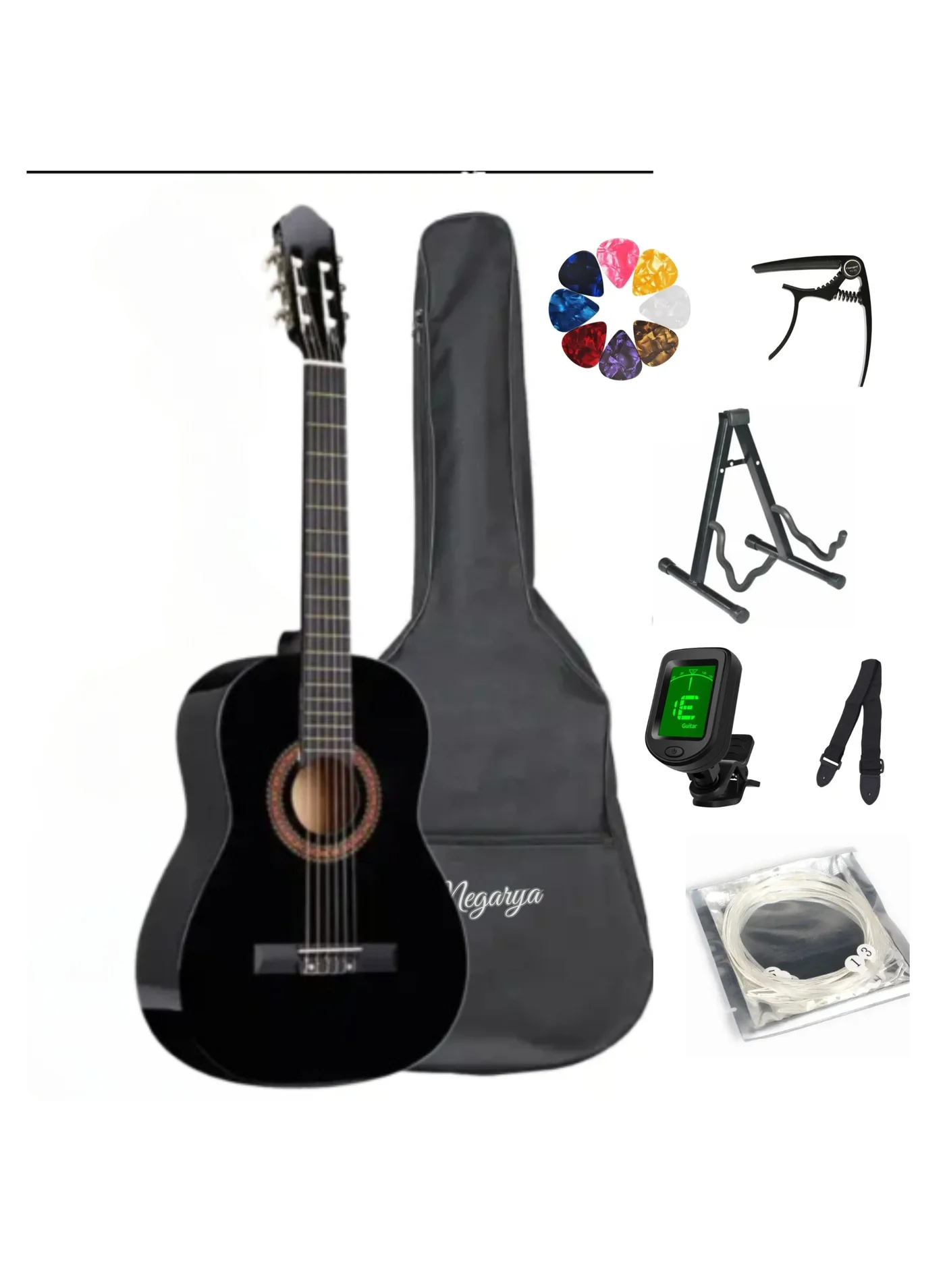 Megarya 34-Inch Classical Acoustic Guitar Set with Nylon Strings and Starter Accessories (Black, 86 cm) lcym3